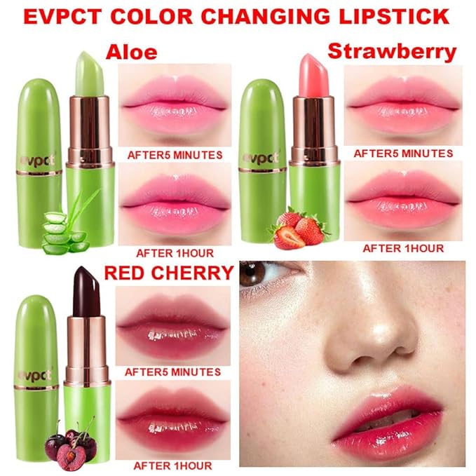 evpct 3Pcs Magic Color Changing Lipstick 24 Hours Original for Women Lasting Waterproof, Aloe Vera Strawberry Black Red Cherry PH Mood Permanent Hardpointing color changing Lipstick Tinted Lip balms-VivaGrace Women