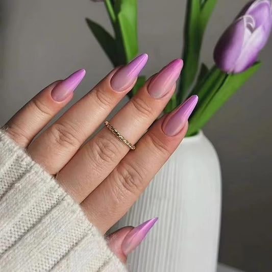 Purple Chrome Press On Nails - Medium Almond Glossy Aurora False Nails, 24Pcs Reusable Artificial Stick On Nails for Women & Girls
