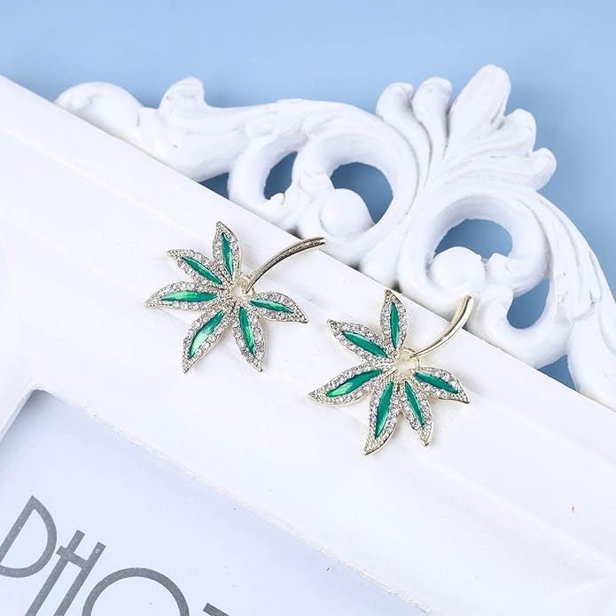 Vintage Emerald Pot Leaf Earrings Green Leaf Drop Earrings Green Marijuana Leaf Earrings Gold Cz Leaf Dangle Earrings Jewelry for Women-VivaGrace Women