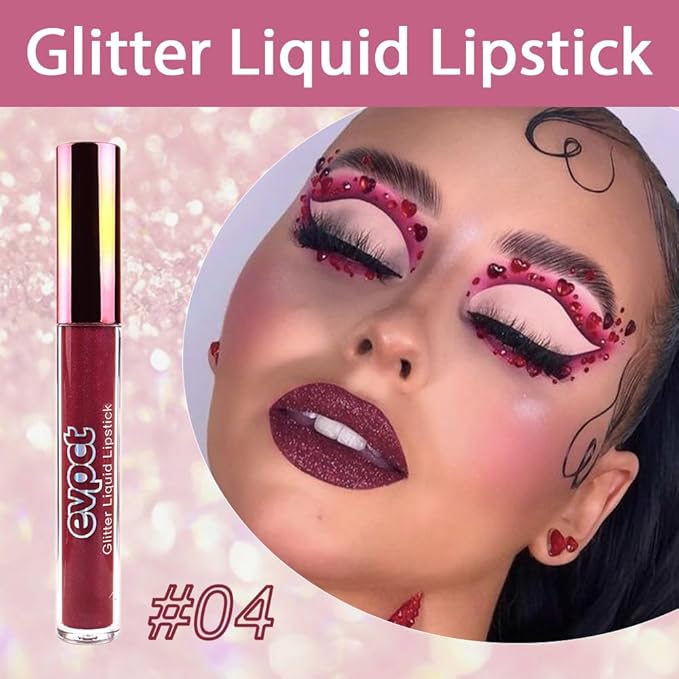 evpct 1Pcs Dark Red Glitter Metallic Shimmer Diamond Lipstick Lip Gloss Stain Set for Women Long Lasting Waterproof, Hot Bright Red Sparkle Glitter Matte long wear Liquid Lipstick Lip Makeup Kit-VivaGrace Women