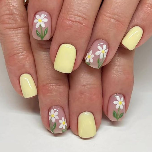 24Pcs Short Press on Nails Square Shaped Fake Nails Yellow Flower False Nails for Women Cute Glossy Stick on Nails Reusable Artificial Acrylic Nails Summer Glue on Nails Manicure Kit