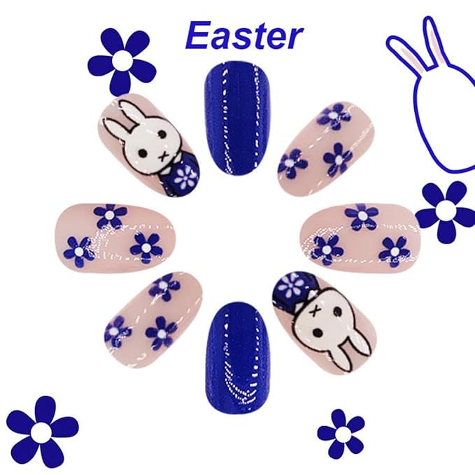 Easter Press on Nails Blue Medium Almond Fake Nails with Bunny Design Cute Rabbit Nails Press ons, Flower False Nails Glossy Reusable Spring Nails for Women Girls Manicure 24pcs