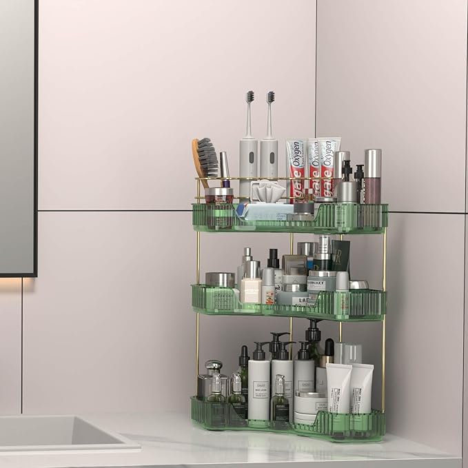 3 Tier Corner Bathroom Organizer Countertop, Vanity Makeup Organizer with Brush Holder, Space-Saving Skincare Storage Corner Shelf for Bathroom, Dressing Table, Kitchen-VivaGrace Women