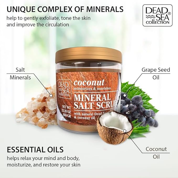 Dead Sea Collection Coconut Salt Scrub – Exfoliating Body Scrub for Women – Moisturizing and Nourishing Skin – with Pure Oils and Dead Sea Minerals (23.28 Oz)-VivaGrace Women