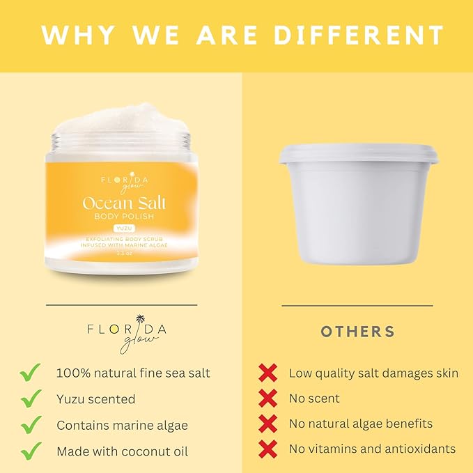 Sea Salt Body Scrub by Florida Suncare - Ocean Salt Body Polish Infused with Marine Algae - Exfoliating Face and Body Scrub - Facial Scrub Exfoliator to Tackle Acne and Scars (Yuzu, 12.1 oz)-VivaGrace Women