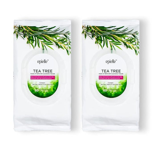 Epielle Tea Tree Facial Wipes, 60 ct, Pack of 2, Refreshing & Soothing, Perfect for Spa Days, Beauty Gifts, Korean Skincare Gift Set