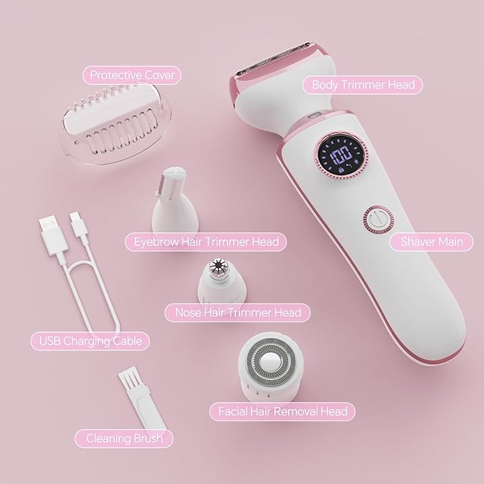 Electric Razor for Women, 4-in-1 Bikini Trimmer & Body Shaver for Face, Legs, Underarms, Pubic Hair, Rechargeable Wet/Dry Painless Hair Removal with LED Light & Travel Lock-VivaGrace Women