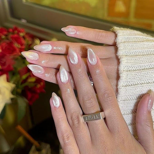 KQueenest Glitter Cat Eye Press on Nails Medium Short Almond, 30 Pcs Thick Cute Acrylic Nails Press on, Gel Fake Nails Short with UV Coating, Reusable Glue on Nails for Women Daily Wear, Nude Sparkle