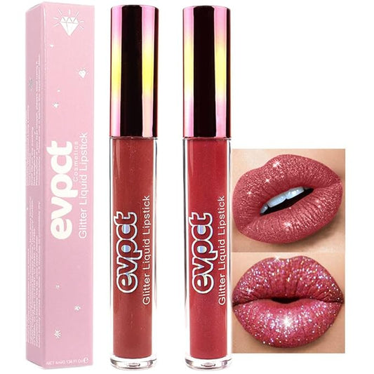eevpct 2Pcs Mauve Red & Wine Red Matte to Glitter Liquid Lipstick Set Kit for Women Long Lasting Glossy Metallic Shimmer Sparkle Lipstick Lip Gloss 2+6-VivaGrace Women