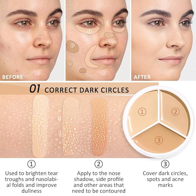 Kaely 3Pcs Tri Color Concealer Pot,Color Correcting Concealer for Dark Circles Spots,Cream Concealer Full Coverage,Foundation Contour Makeup Palettes,under Eye Brightener corrector de ojeras,01+02+03-VivaGrace Women