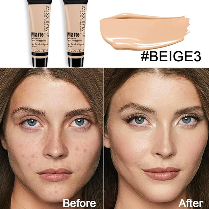 2 Pack Liquid Foundation Cream for Face Makeup,Durable Full Coverage Matte Concealer Make Up,Oil Control & Waterproof Base Primer -1+1 Fl.Oz (BEIGE 3#)-VivaGrace Women