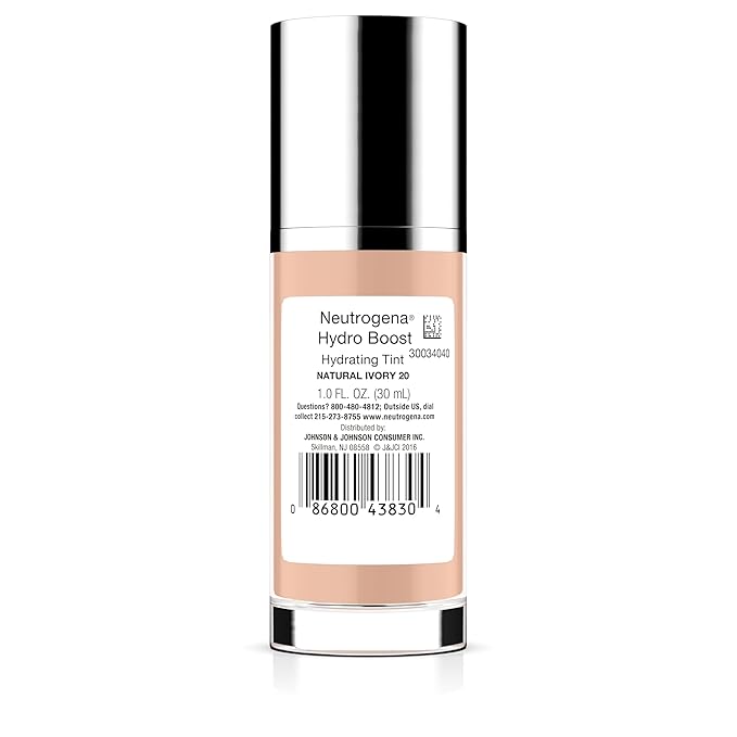 Neutrogena Hydro Boost Hydrating Tint Foundation Makeup for Dry Skin, with Hyaluronic Acid, Lightweight Oil-Free Water Gel, Non-Comedogenic, 20 Natural Ivory, 1.0 fl. oz-VivaGrace Women
