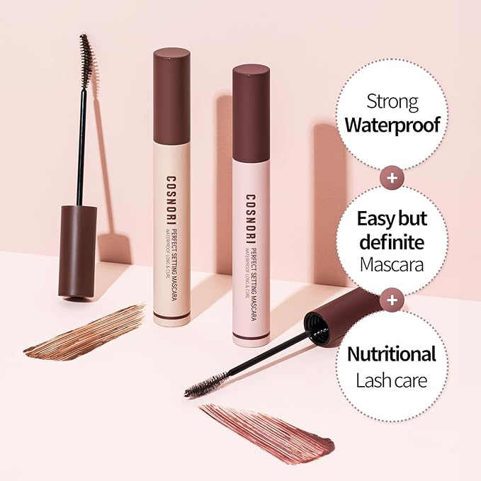COSNORI Perfect Setting Waterproof Mascara Long&Curl 03 Rosy Brown – Long Lasting Smudge - Red Brown Mascara - Perfect for Auburn Hair & Hazel Eyes - K beauty - 0.23fl oz (7ml)