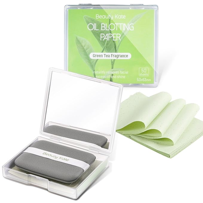 2 Pack Oil Blotting Sheets for Face, Oil Blotting Paper Green Tea Total 100 sheets with Portable Mirror Case & Makeup Puff Makeup Friendly-VivaGrace Women