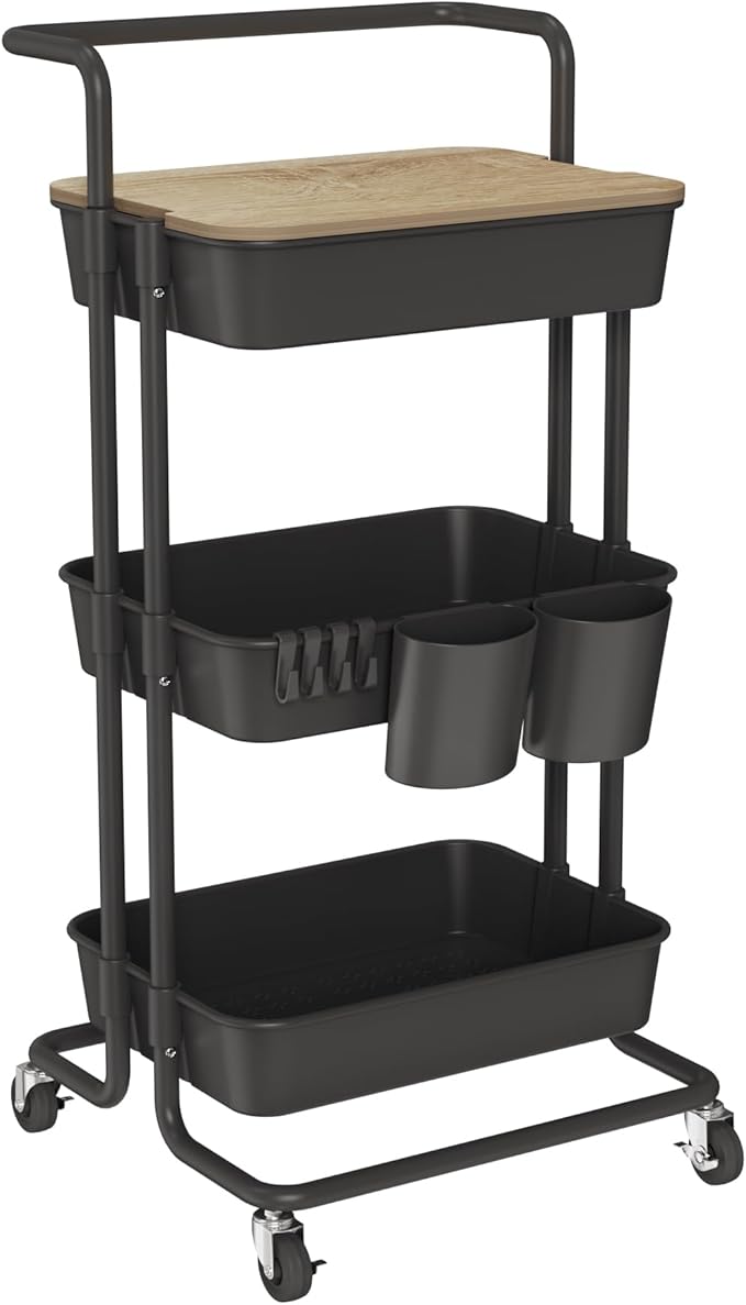 DTK 3 Tier Rolling Cart Uility Cart with Cover Board, Mobile Storage Cart with Wheels, Cups, Hooks for Office Utility Kitchen Bathroom Homeschool Art Craft Postpartum Teacher Cart Organizer(Black)-VivaGrace Women