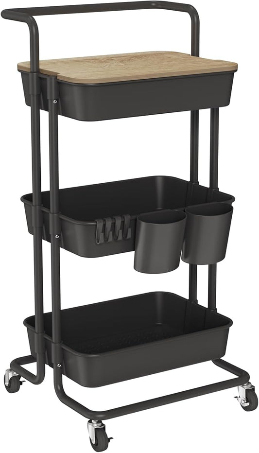 DTK 3 Tier Rolling Cart Uility Cart with Cover Board, Mobile Storage Cart with Wheels, Cups, Hooks for Office Utility Kitchen Bathroom Homeschool Art Craft Postpartum Teacher Cart Organizer(Black)-VivaGrace Women