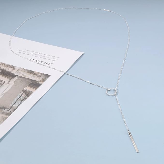 Boho Circle Bar Lariat Necklace Silver Drop Bar Y Necklace Open Circle Necklace Long Vertical Bar Necklace Chain Jewelry for Women and Girls Gifts-VivaGrace Women