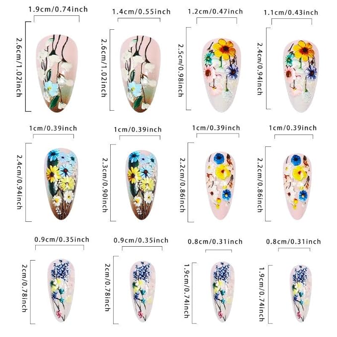 Flower Press on Nails Medium Almond Fake Nails with Leaf Designs Full Cover Stick on Nails Colorful Spring Glue on Nails Daisy Almond False Nails for Women Manicure Art 24Pcs