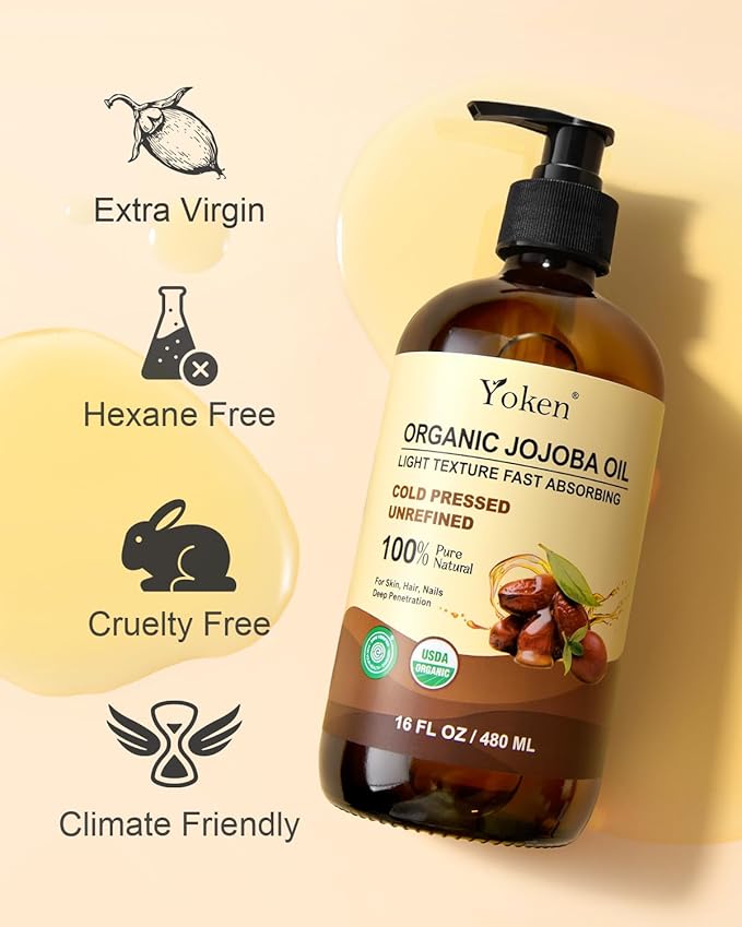 Yoken Organic Jojoba Oil Glass Bottle 16 fl oz, USDA Certified 100% Pure & Natural Jojoba Oil for Hair, Skin & Face, Cold Pressed Unrefined Hexane Free, Deeply Moisturizing Body Serum for Gua Sha-VivaGrace Women