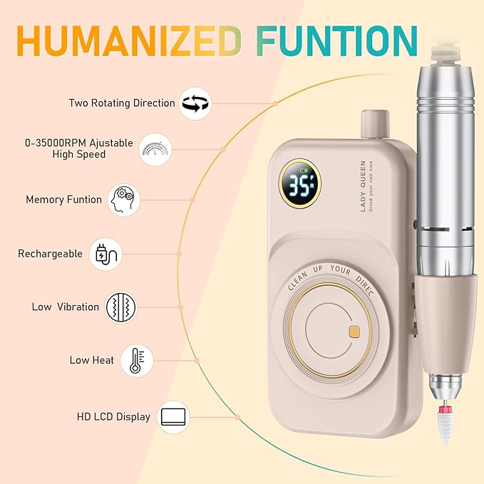 Portable Nail Drill Electric File: 35000RPM Professional Rechargeable Nail E File Machine,for Acrylic Nails Gel Polishing Removing, Cordless Efile with Bits Kit for Manicure Salon Home (Pink)-VivaGrace Women