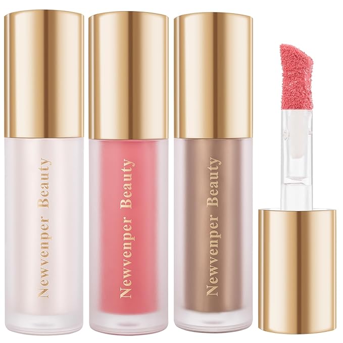Face Blush+ Face Highlighter+ Face Contour with Brush Liquid Blush, Liquid Highlighter, Liquid Contour Long Lasting & Smooth Creamy Formula Lightweight Blush, Illuminator, Contour-VivaGrace Women
