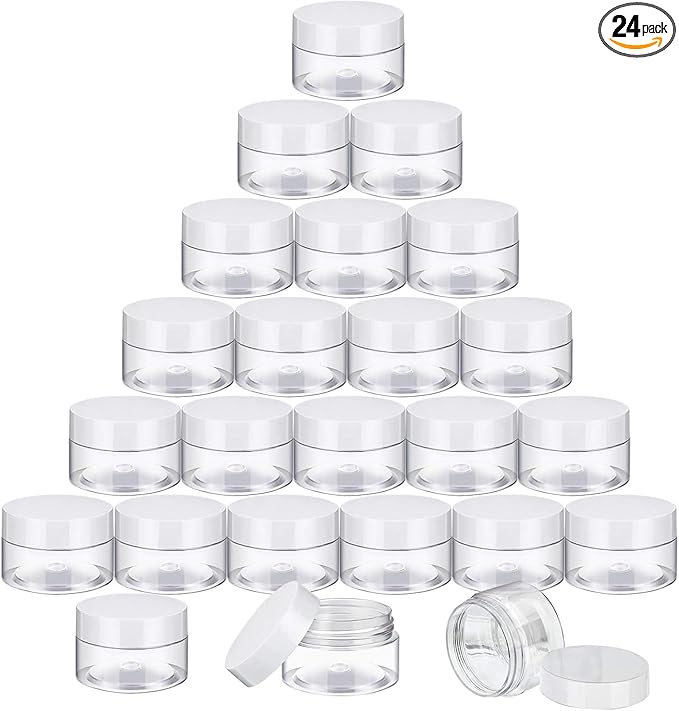 SATINIOR 24 Pieces Empty Clear Plastic Jars with Lids Round Storage Containers Wide-Mouth for Beauty Product Cosmetic Cream Lotion Liquid Butter Craft and Food (White Lid, 1 oz)-VivaGrace Women