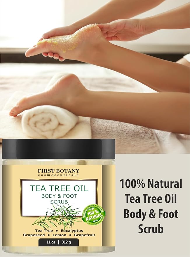 First Botany 100% Natural Tea Tree Oil Body & Foot Scrub with Salt - Best for Acne, Dandruff and Warts, Corns, Calluses, Athlete foot, Jock Itch & Body Odor-VivaGrace Women