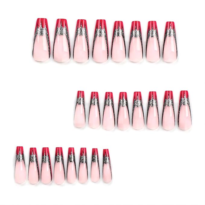 Long Press on Coffin Fake Nails with Glue - French Red Tip Acrylic False Nails with Glitter Bat Designs - Pink Full Cover Artificial Press Ons Bling Stick on for Women