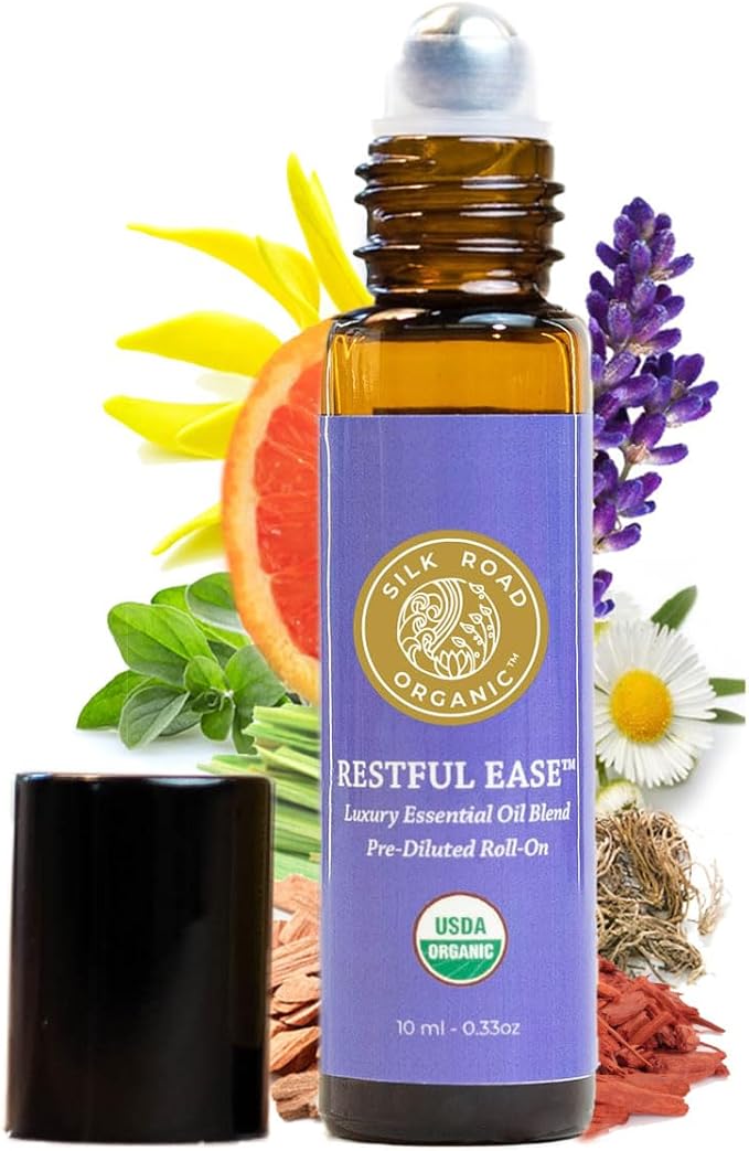 Silk Road Organic Restful Ease Essential Oil Sleep & Stress Blend Roll On - 100% Pure USDA Certified with Indian Sandalwood - Stress Ease Aromatherapy & Calming Relaxation - 10 ml Roller-VivaGrace Women