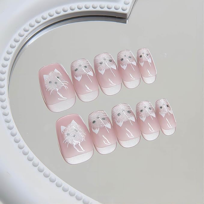 Medium Press on Nails Square Fake Nails Pink Cat Eye Nail Press ons Acrylic False Nails with Cute Cat Designs Glitter Artificial Nails Glossy Glue on Nails Natural Stick on Nails for Women