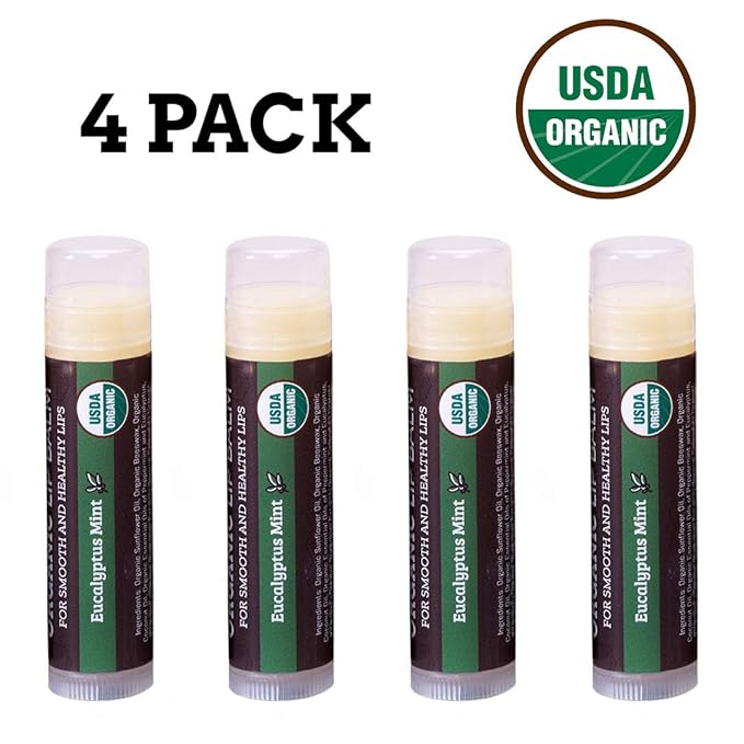 USDA Organic Lip Balm 4-Pack by Earth's Daughter - Eucalyptus Mint Flavor, Beeswax, Coconut Oil, Vitamin E - Best Lip Repair Chapstick for Dry Cracked Lips.-VivaGrace Women