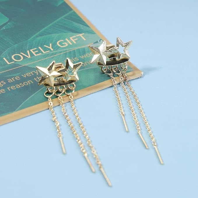 Boho Star Ear Jacket Earrings Gold Thin Bar Tassel Earrings Long Drop Chain Earrings Two Way Double Sided Earrings Jewelry for Women and Girls-VivaGrace Women