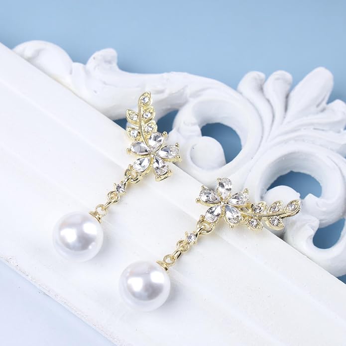 Vintage Crystal Flower Ear Climber Earrings Rhinestone Pearl Dangle Earrings Gold Cz Chain Tassel Earrings Sparkly Pearl Drop Earrings Jewelry for Women-VivaGrace Women