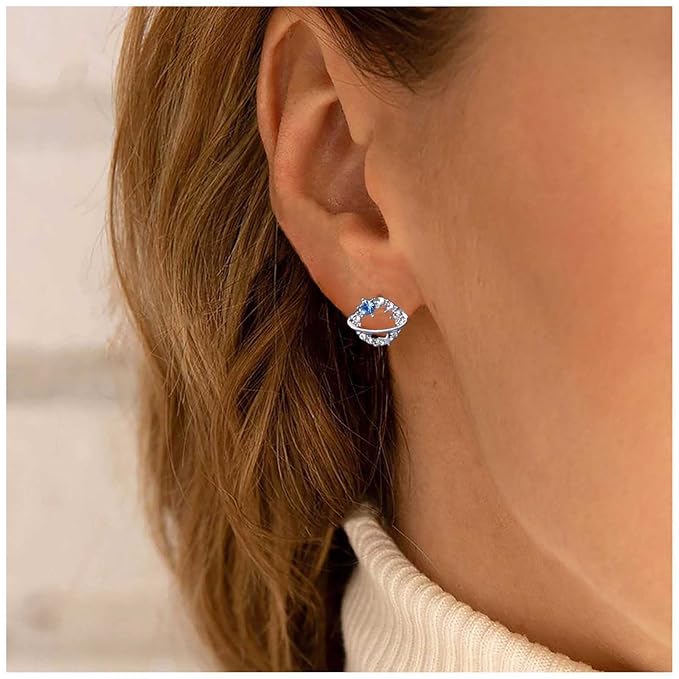 Boho Crystal Saturn Earrings Cz Orb Planet Earrings Silver Rhinestone Circle Earrings Tiny Sapphire Stud Earrings Jewelry for Women and Girls-VivaGrace Women
