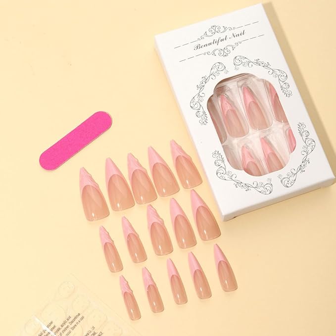Pink French tips Press on Nails Long Stiletto Fake Nails with Design Water Ripple Glue on Nails Glossy Spring Nails Reusable Summer False Nails for Women Girls Manicure 24pcs