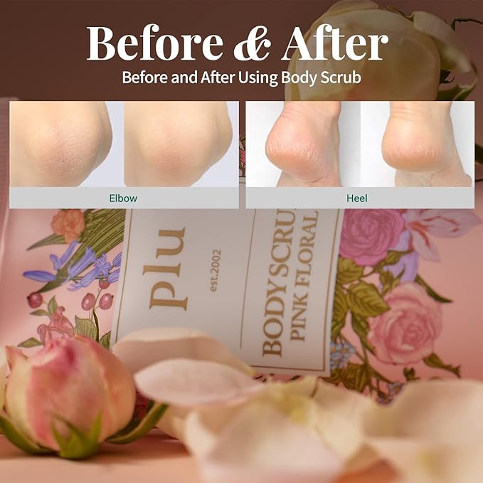 PLU Korean Walnut Body Scrub Pink Floral with Manuka Honey - Exfoliating & Moisturizing & Firming Glow - for Acne, Cellulite, Stretch Marks, Spider Veins, Fresh & Elegance Rose Scent 6.76 oz.-VivaGrace Women