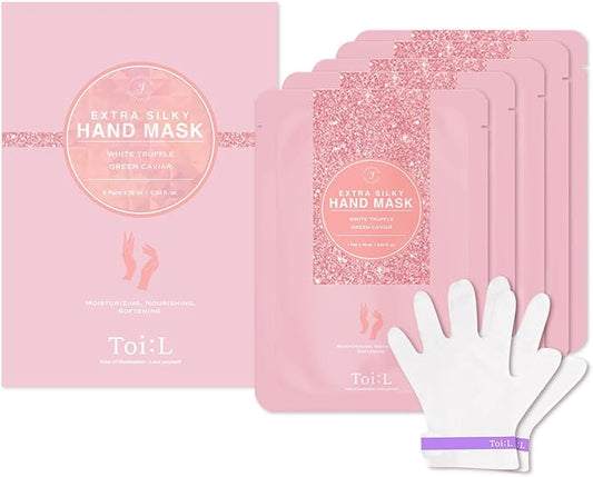 Toi:L Extra Silky Hand Mask 5 Pairs, Korean Moisturizing Gloves for Dry Hands with White Truffle, Green Caviar & Peptides, Repairing and Softening Hand Care Treatment for Aging, Cracked, and Dry Skin-VivaGrace Women