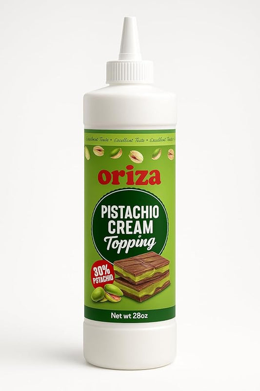Oriza Pistachio Cream Topping, 28oz Bottle – Premium Pistachio Spread with 30% Pistachios, Palm Oil Free, Non-GMO, Natural Color – Dessert, Latte & Baking Cream