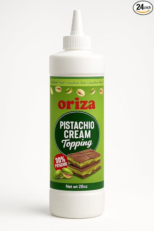 Oriza Pistachio Cream Topping, 28oz Bottle (Pack of 24) – Bulk Pistachio Spread with 30% Pistachios, Palm Oil Free, Non-GMO – Ideal for Cafes, Bakeries & Restaurants