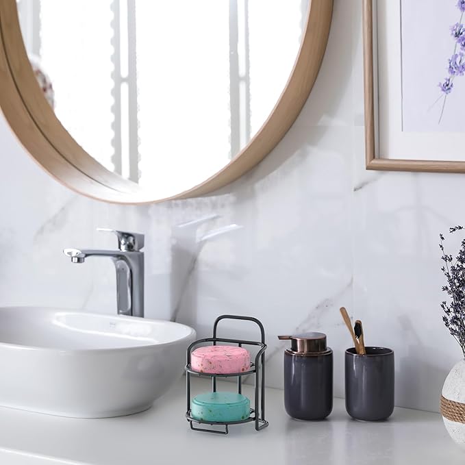 2-Tier Shower Soap Shampoo Bar Holder, Self Adhesive & Freestanding Draining Soap Dish Caddy for Bathroom Wall Accesories Decor Black-VivaGrace Women