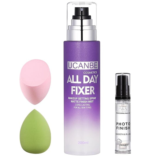 UCANBE Makeup Setting Spray + Face Primer + Make Up Sponge, Gel-Based Hydrating Primer, Lightweight, Long Lasting Matte Finishing Spray,Beauty Blender Set-VivaGrace Women
