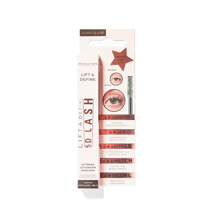 Revolution Beauty, 5D Lash Mascara, Lengthening & Volumizing Effect, Jet Black Formula, Infused with Hyaluronic Acid, Vegan & Cruelty Free, 0.47 Fl. Oz.