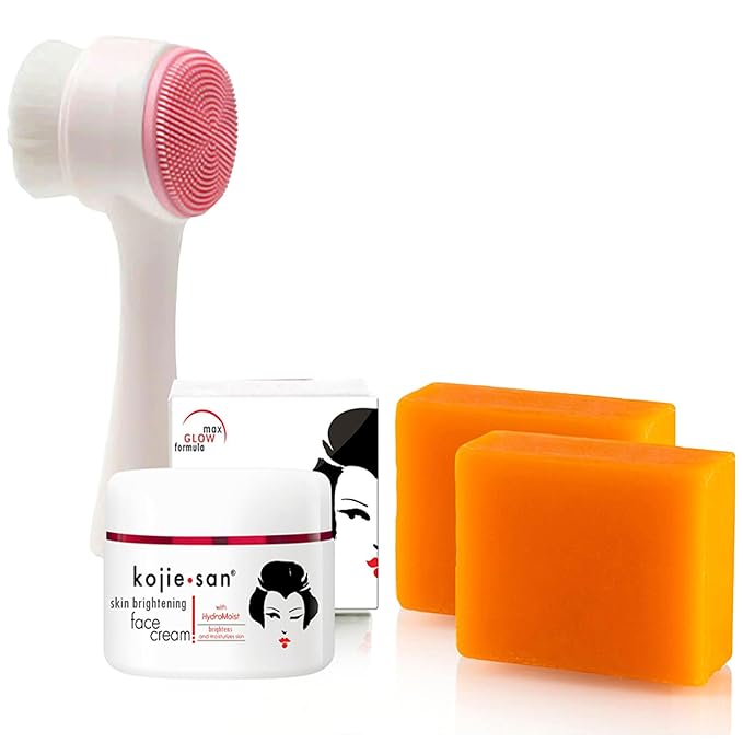 Kojie San Skincare Bundle - Facial Brightening Set with 2 Bars of Kojic Acid Soap, Face Cream & Exfoliating Face Brush-VivaGrace Women