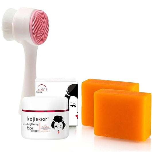 Kojie San Skincare Bundle - Facial Brightening Set with 2 Bars of Kojic Acid Soap, Face Cream & Exfoliating Face Brush-VivaGrace Women