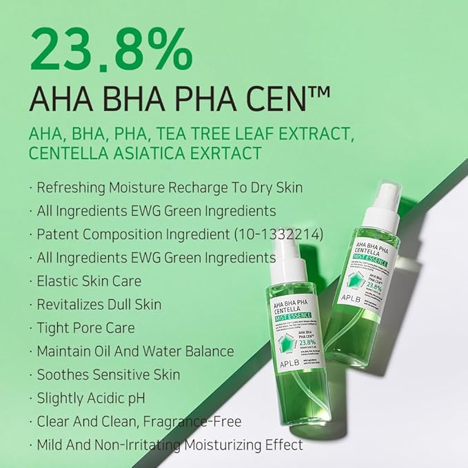 APLB AHA BHA PHA Centella Mist Essence | AHA BHA PHA CEN™ 23.8% 3.55 FL.OZ/Korean Skincare, Exfoliant, Replenishing Moisture, Revitalize for Gentle and Improve Skin Texture-VivaGrace Women