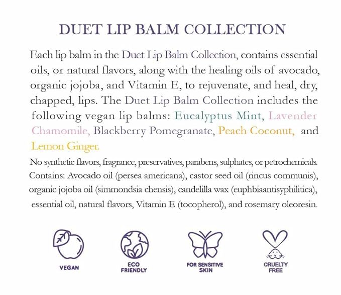 ALIDA PURE Duet Lip Balm Collection, Vegan, Lip Balm Set, Coconut Oil Free, Avocado Oil, Organic Jojoba Oil, Vitamin E Oil, Vegan, Lip Oil Set for Dry Cracked Lips, 5 Tubes of Lip Balm per Set-VivaGrace Women