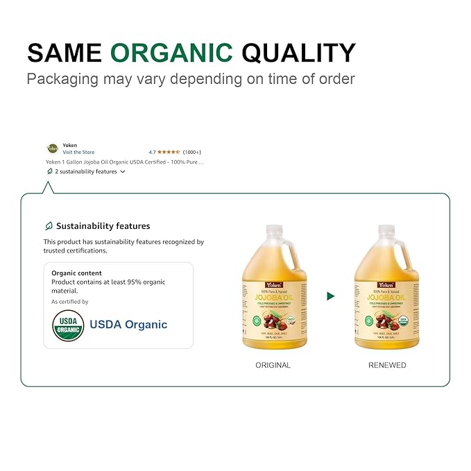 Yoken 1 Gallon Jojoba Oil EWG Verified - 100% Pure Jojoba Oils Bulk Cold Pressed Unrefined Hexane Free Virgin Golden jojoba Carrier Oil for Hair Skin Massage DIY Natural Body Moisturizer-VivaGrace Women