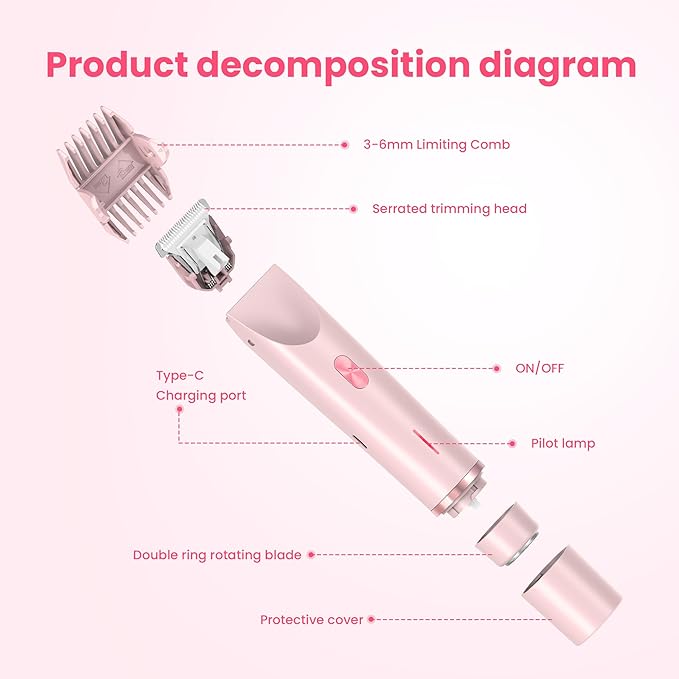 Bikini Trimmer for Women-2 in 1 Dual Head Electric Razors,USB Rechargeable Bikini Electric Shaver,IPX7 Waterproof Dry & Wet Use Body Hair Trimmer and Facial Hair Remover for Underarm Leg Body,Pink-VivaGrace Women