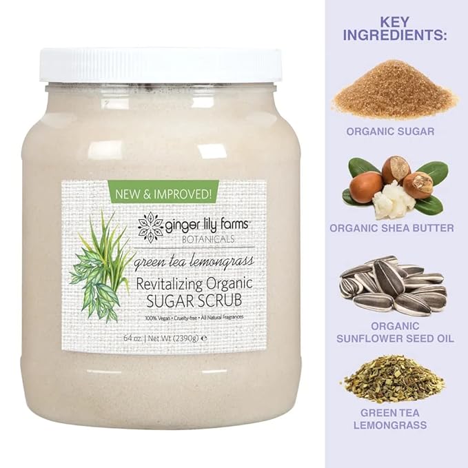Ginger Lily Farms Botanicals Revitalizing Organic Sugar Scrub, All-Natural Skin Exfoliating Sugar Crystals, 100% Vegan & Cruelty-Free, Green Tea Lemongrass, 64 oz.-VivaGrace Women