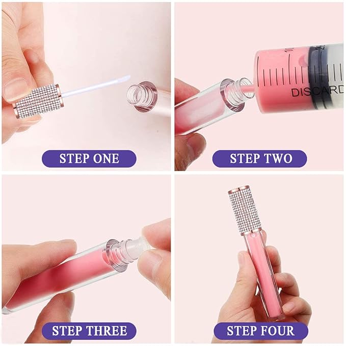 AMORIX 24 Pack Crystal Rhinestone Lip Gloss Tubes with Wand 5ml Empty Lip Gloss Containers Lipgloss Bottles with Stoppers 2pcs Syringes + Labels for DIY Lip Gloss Balm
